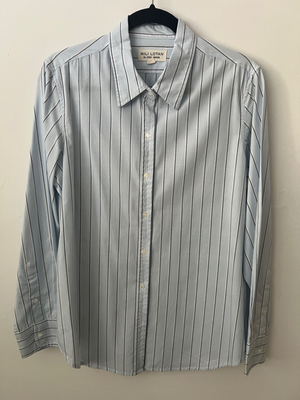 Nili Lotan Light Blue Shirt with charcoal Pinstripes